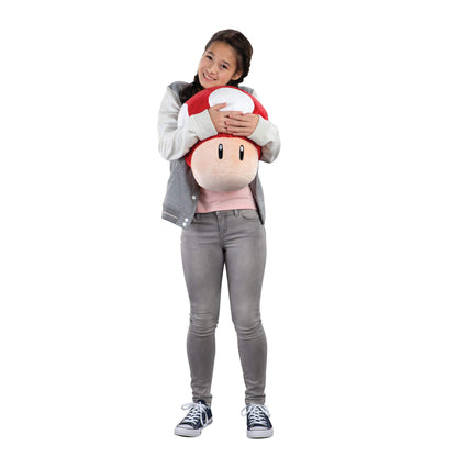 Large multicolored Mario Kart Super Red Mushroom plush toy from Club Mocchi Mocchi, 40 cm tall, soft and cuddly.