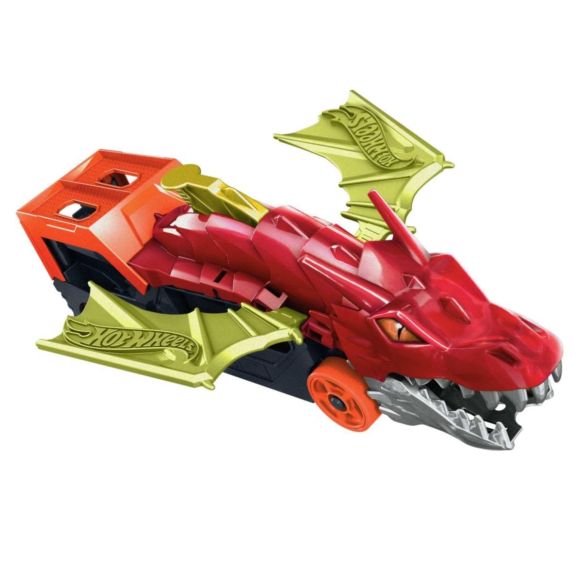 Hot Wheels Dragon Launch Transporter toy truck with dragon and car, showcasing vibrant colors and detailed design.