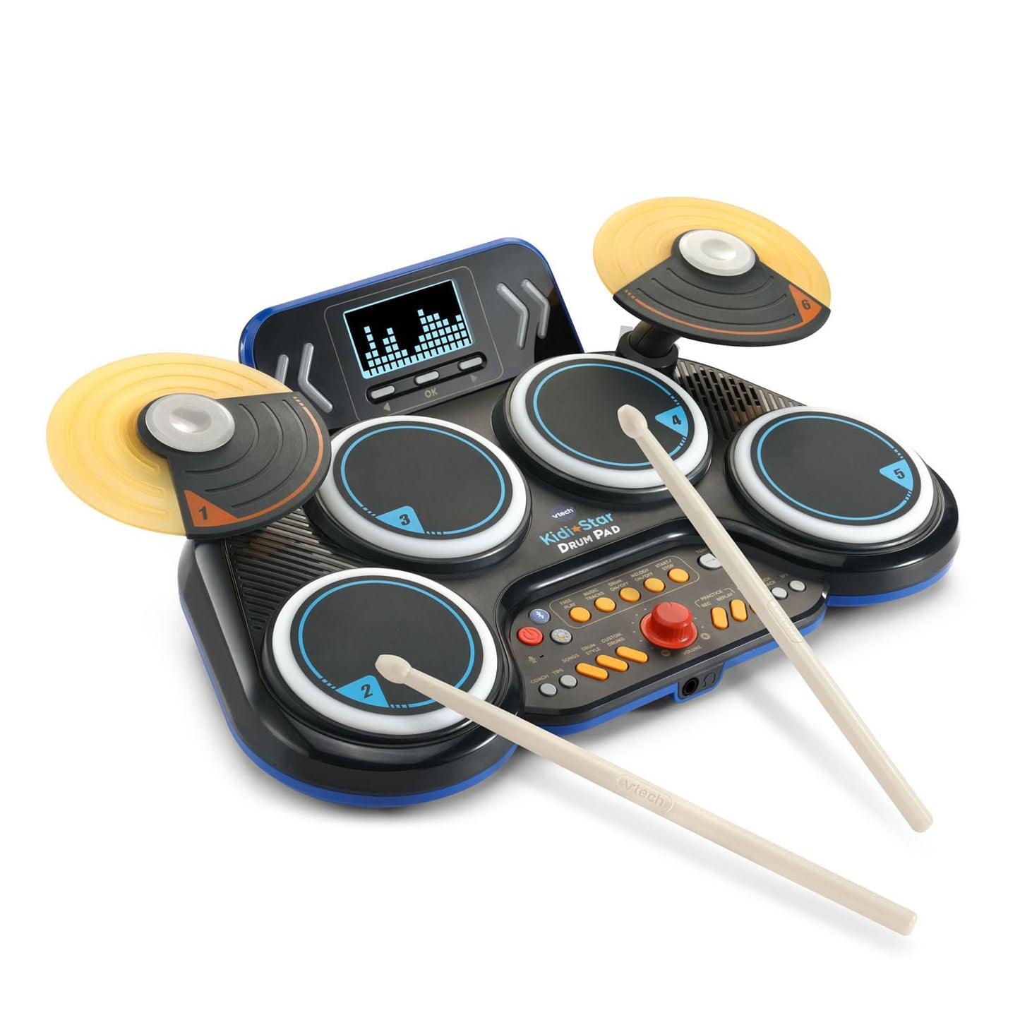 VTech Kidi Star Drum Pad in black showing colorful drum buttons and control panel for kids' musical play.