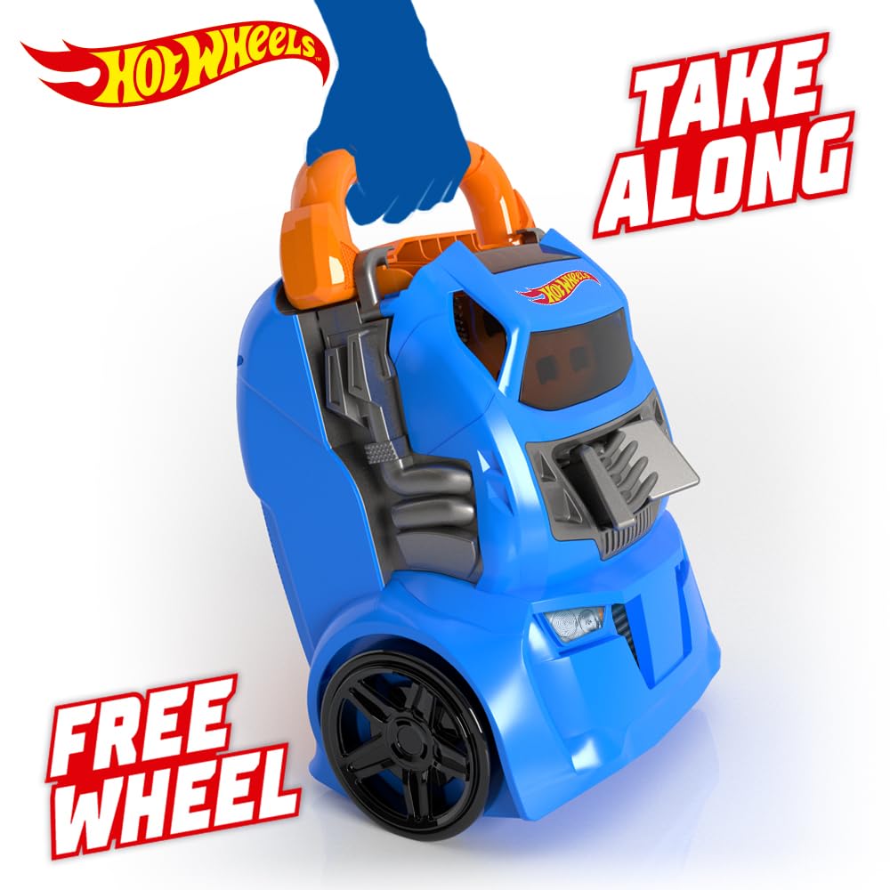 Hot Wheels car case launcher displaying storage for 20 cars and a connecting launcher feature for kids ages 3 and up.