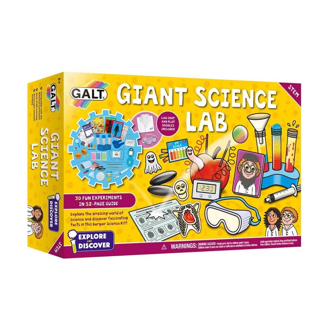 Galt Giant Science Lab kit with lab coat, guide book, and tools for kids, featuring chemistry, biology, and physics experiments for ages 6+