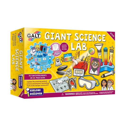 Galt Giant Science Lab kit with lab coat, guide book, and tools for kids, featuring chemistry, biology, and physics experiments for ages 6+