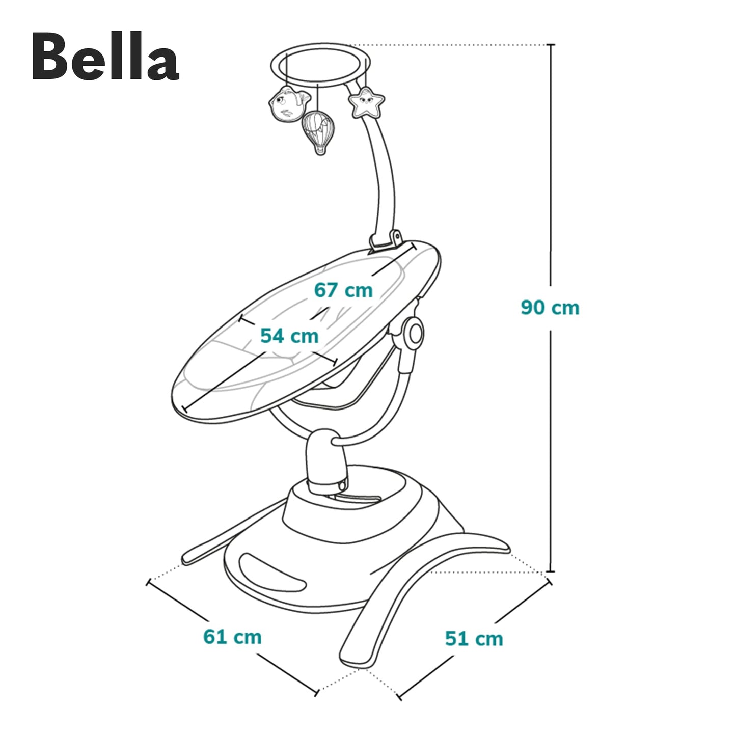 Lionelo Bella electric baby bouncer with 360° seat, multiple swing motions, melodies, adjustable backrest, safety harness, and remote control.