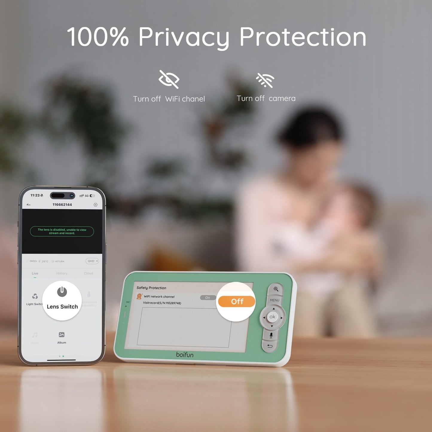 Boifun 2K WiFi baby monitor with 5-inch screen, night vision, PTZ camera, smartphone app, and smart night light features.