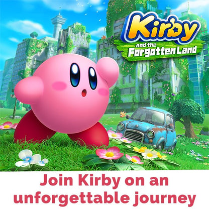 Nintendo Kirby and the Forgotten Land Nintendo Switch game cover with colorful artwork featuring Kirby in a vibrant, post-apocalyptic landscape.