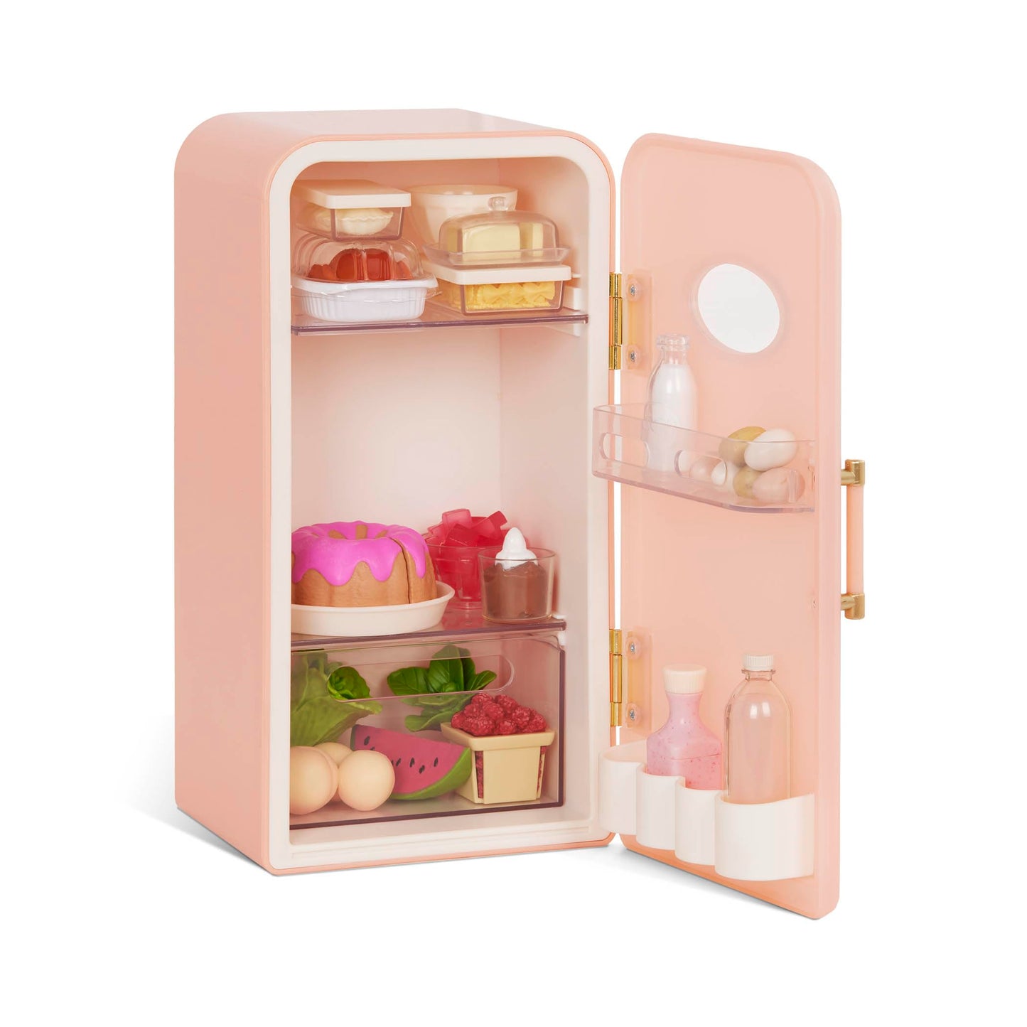 Pink Our Generation mini fridge with play food accessories for 46cm dolls, showcasing realistic details and vibrant colors.