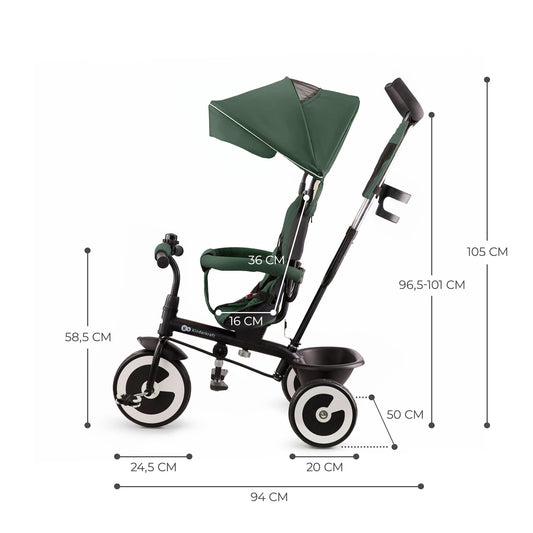 Kinderkraft Aston Tricycle, Baby Push Trike, Kids First Bike, Free Wheel Functions, Parenthandle, Footrest, Accessories, Bag, Cupholder, from 9 Months to 5 Years, Green