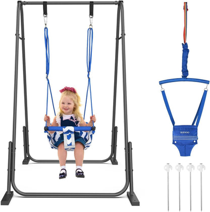 Slevoo 2-in-1 baby jumper and toddler swing set with blue foldable metal frame, suitable for indoor and outdoor play up to 6 years old.