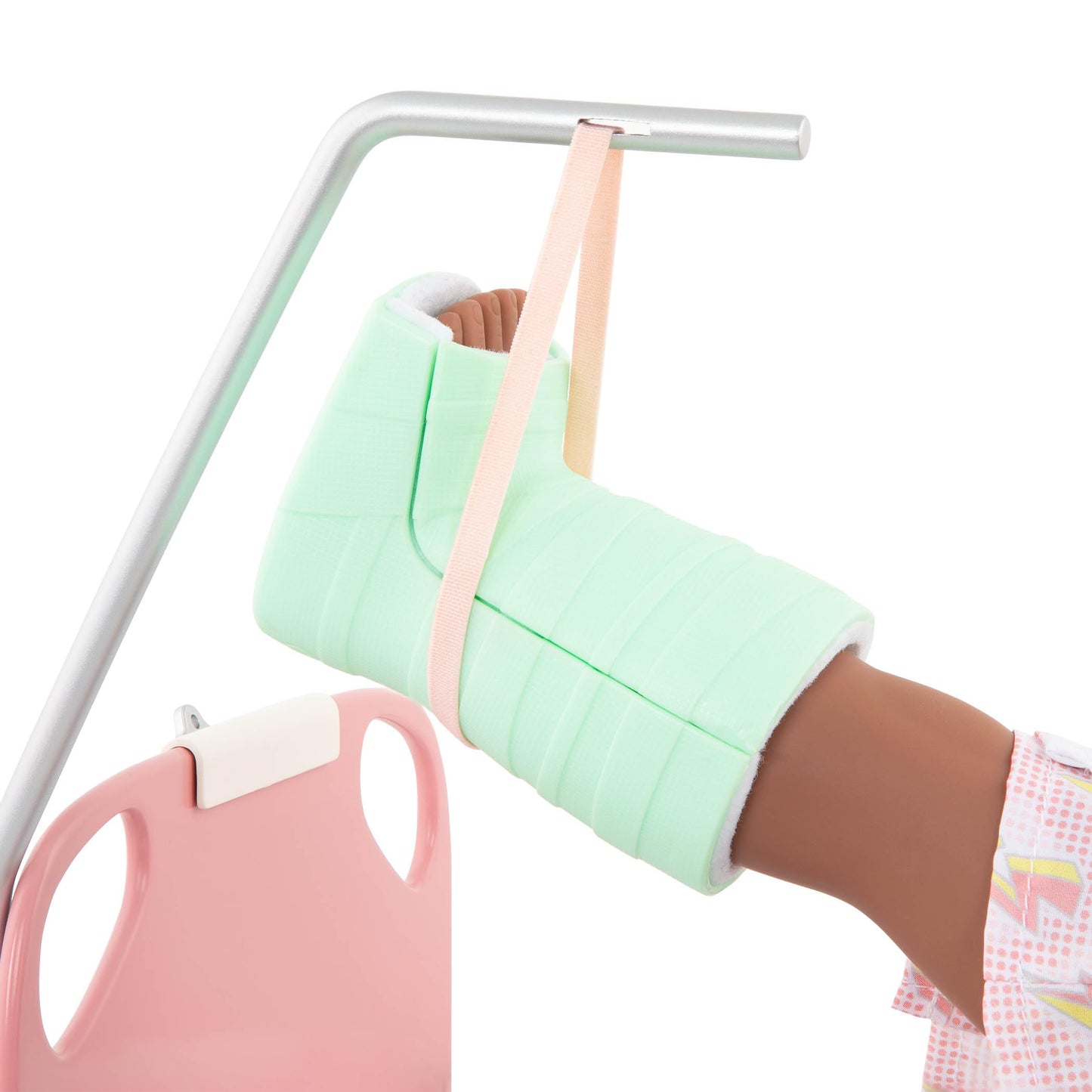 Our Generation doll hospital bed with medical accessories, including a gown, stethoscope, and kit for 18-inch dolls.