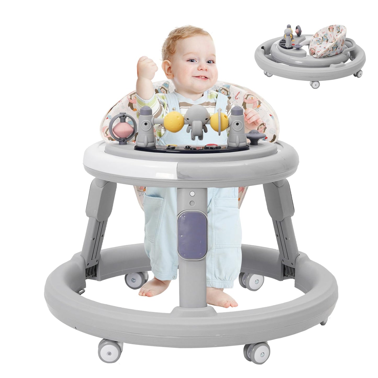 Gray 3-in-1 foldable baby walker by EULEUY with adjustable height, 360° quiet wheels, dinner tray, and music play center for toddlers