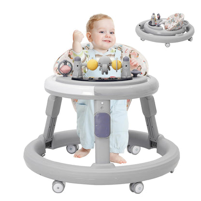 Gray 3-in-1 foldable baby walker by EULEUY with adjustable height, 360° quiet wheels, dinner tray, and music play center for toddlers