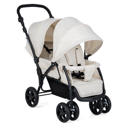 GYMAX Double Seat Stroller with Adjustable Push Handle, Detachable Canopy and Foot Rest, Foldable Baby Pushchair Buggy for Traveling, Going Shopping & Hanging Out (Beige)