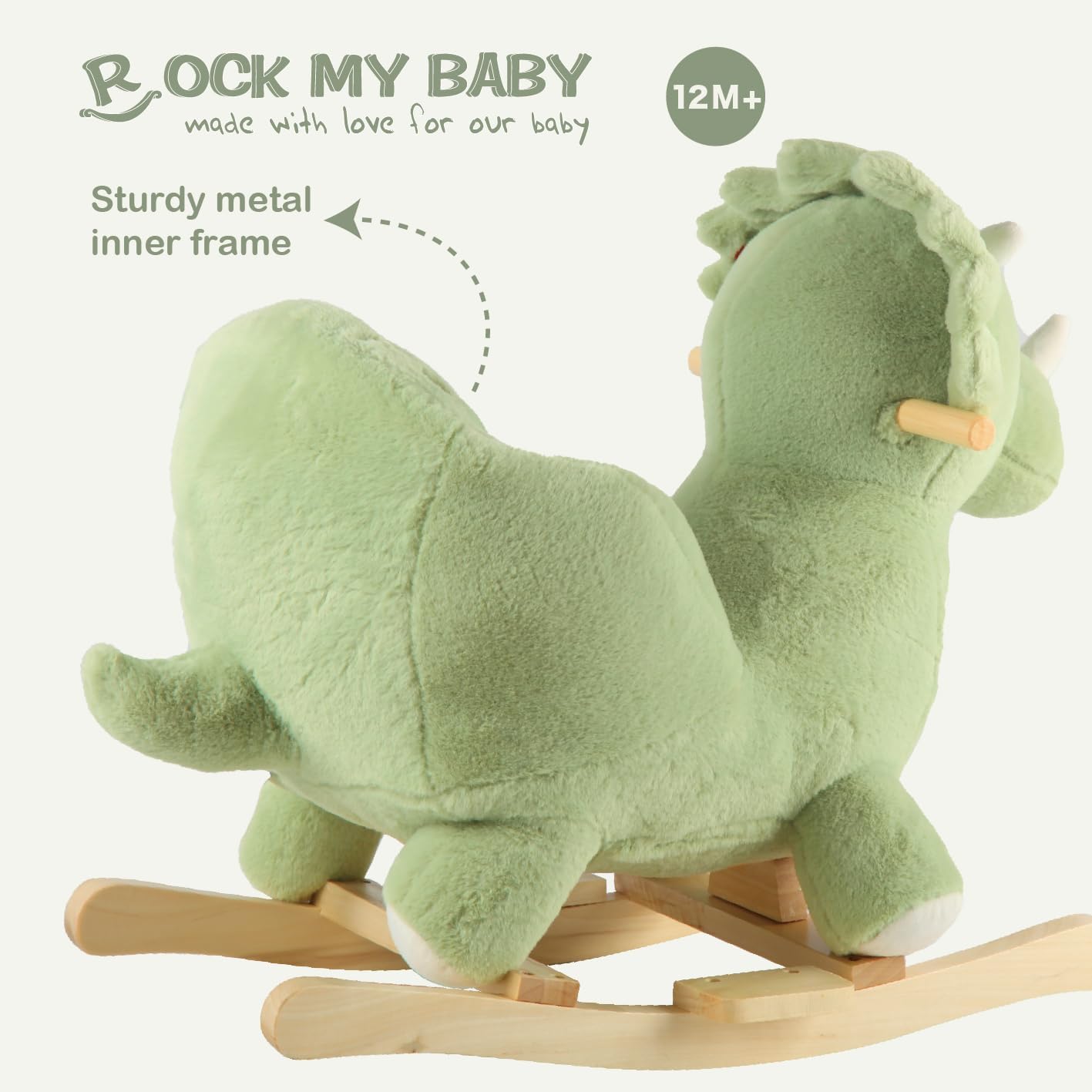 Rock My Baby Plush Rocking Horse - Soft Stuffed Body,Safety Seat Chair, Wooden Rockers, Music Button – Toddler Ride-On Toy for Ages 1–3 (green)