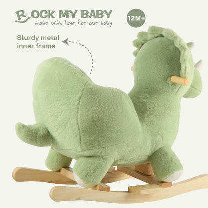 Rock My Baby Plush Rocking Horse - Soft Stuffed Body,Safety Seat Chair, Wooden Rockers, Music Button – Toddler Ride-On Toy for Ages 1–3 (green)