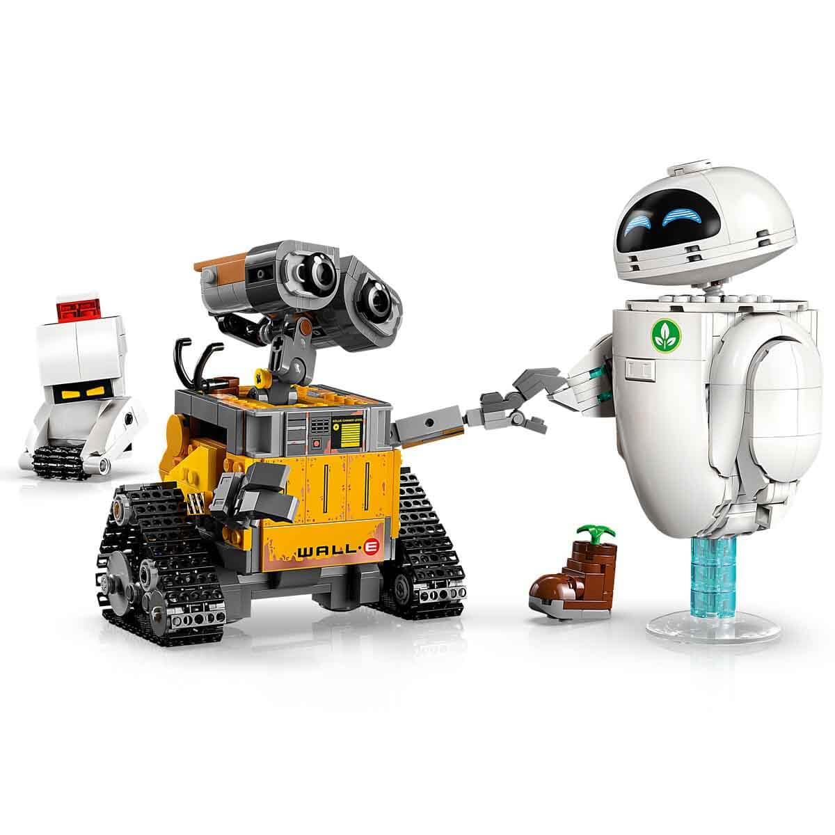 LEGO Disney Pixar WALL-E and EVE display model with M-O and Hal figures, showcasing brick-built robots for adults.