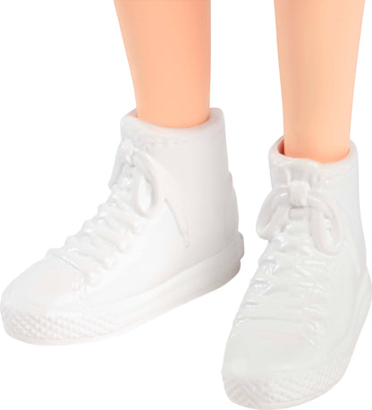 Barbie Fashionistas Doll #232 with red hair, sporty "B" jersey top, pleated purple skirt, watch, and sneakers.