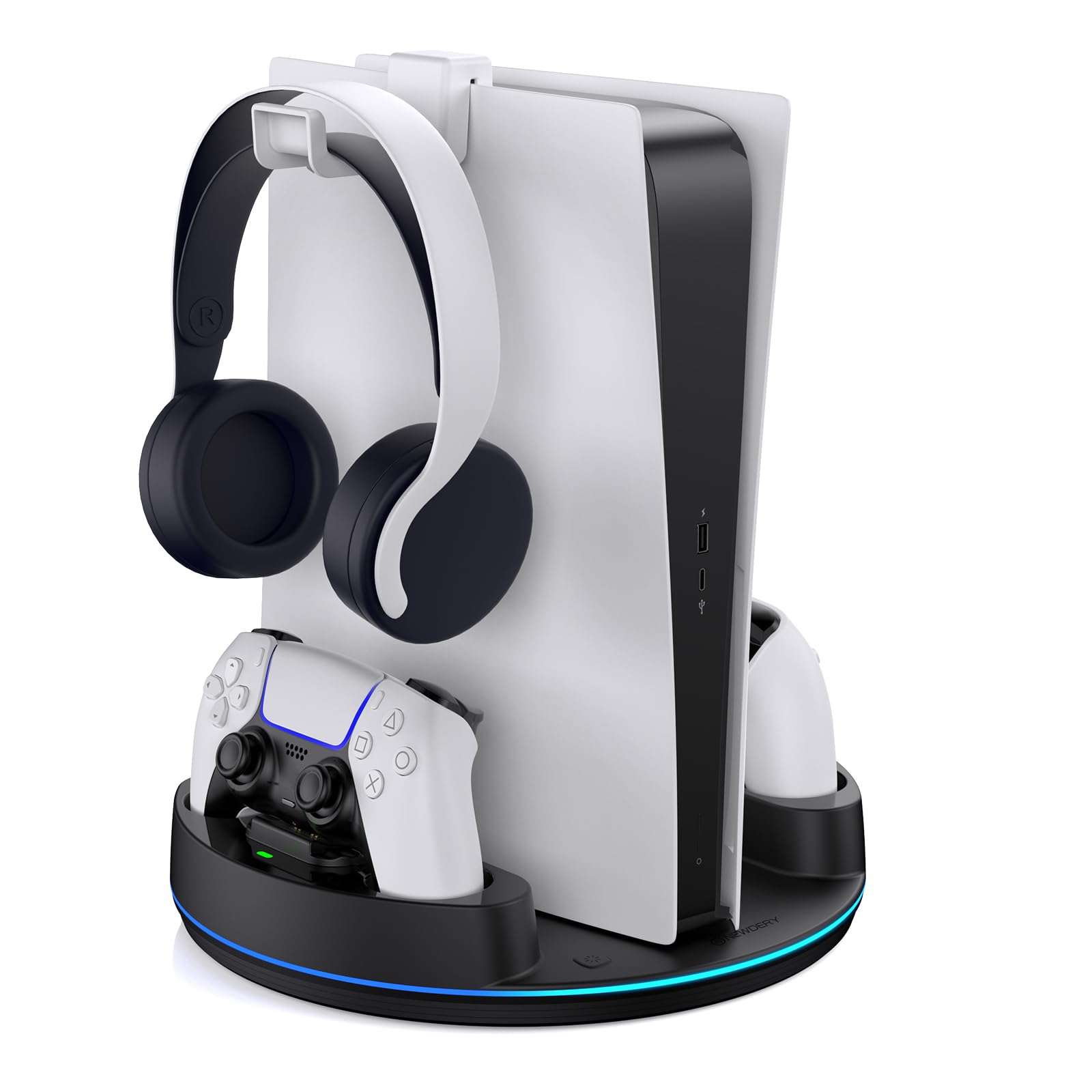 NEWDERY PS5 stand and dual controller charger station with RGB lights, compatible with PS5, PS5 Slim, and PS5 Pro consoles in black.