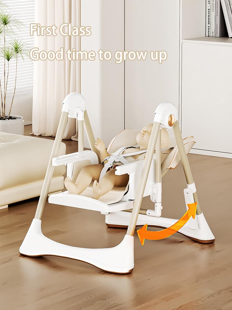 Magic ZC 2-in-1 Dining Mode and Swing Mode Baby High Chair Toddler Feeding Dining Chair, Convertible with Detachable Double Trays and Wheels, Multifunctional Foldable (8121 Khaki)