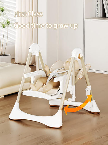 Magic ZC 2-in-1 Dining Mode and Swing Mode Baby High Chair Toddler Feeding Dining Chair, Multifunctional Foldable, Convertible with Detachable Double Trays and Wheels (8121 White)