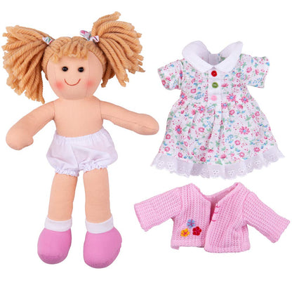 Bigjigs Toys Poppy doll, 28cm soft plush ragdoll with strawberry blonde pigtails and floral white dress, ideal baby and birthday gift