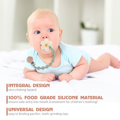 EYOGO silicone dummy clip set with wooden accents, designed for baby pacifiers and teething toys in clay and dark grey colors.