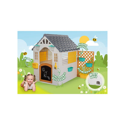 Dolu garden playhouse with fence for kids, white and grey outdoor playhouse measuring 127x140x107.5 cm, sturdy and colorful.