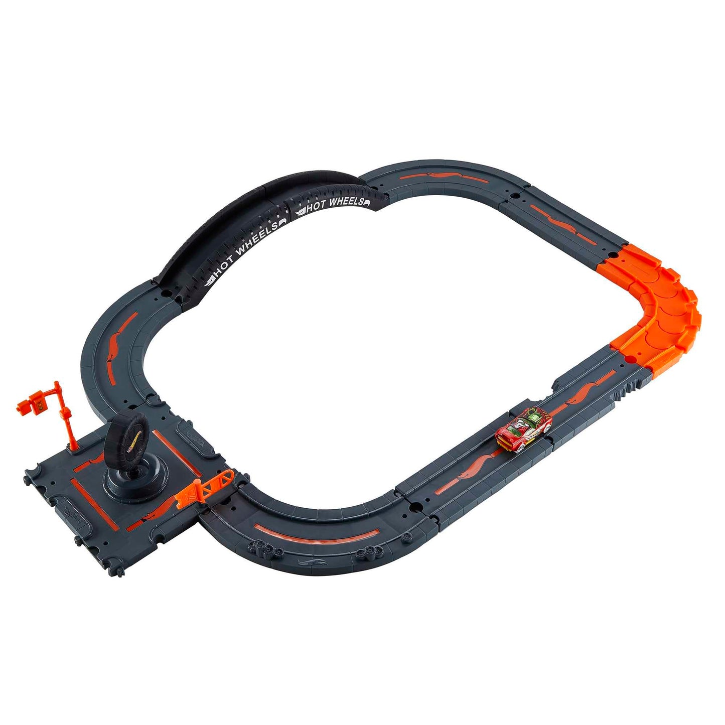 Hot Wheels City Track Pack with 10 pieces, including track base and car, designed for kids to build cityscapes.