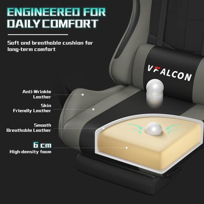 Vfalcon XTREME gaming chair in grey with ergonomic design, reclining feature, footrest, 360° swivel, and height adjustment.
