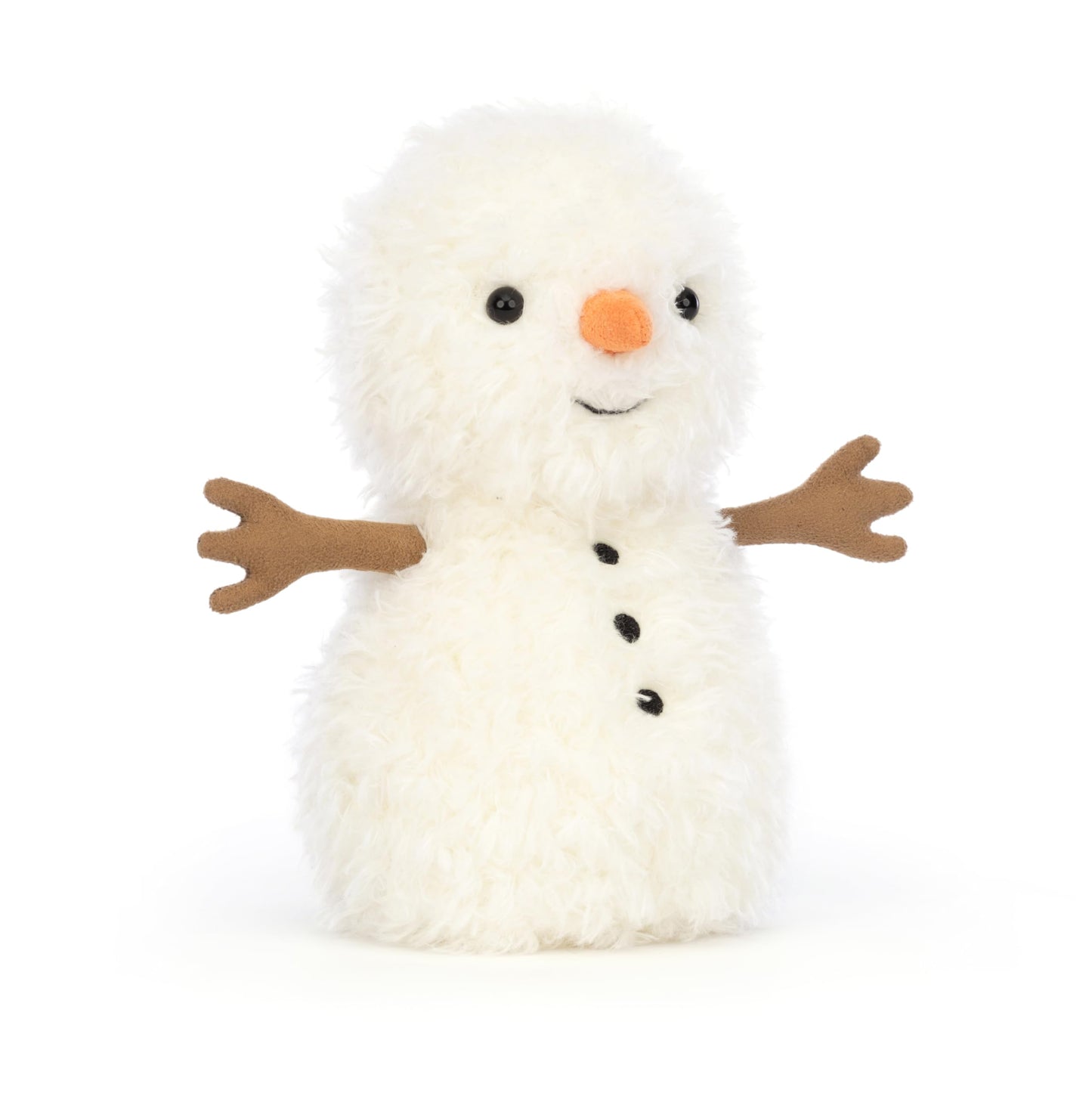 Jellycat Little Snowman plush toy, 18 cm tall, 10 cm wide, featuring a cute snowman design with a scarf and button details.