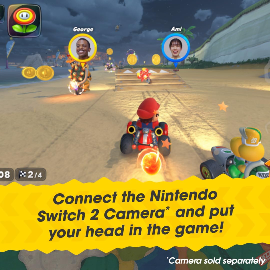 Nintendo Mario Kart World game box with colorful cover art featuring Mario and racing characters.
