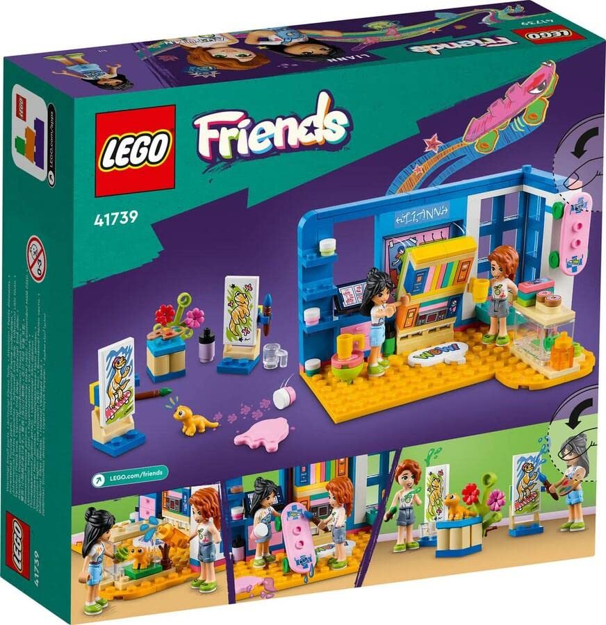 LEGO Friends Liann's Room playset featuring mini-dolls Liann and Autumn with a pet gecko in an art-themed bedroom.