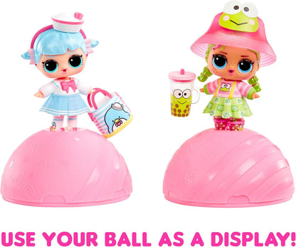 L.O.L. Surprise! Hello Kitty Tots doll in a colorful outfit with accessories, displayed in a Hello Kitty-shaped ball.