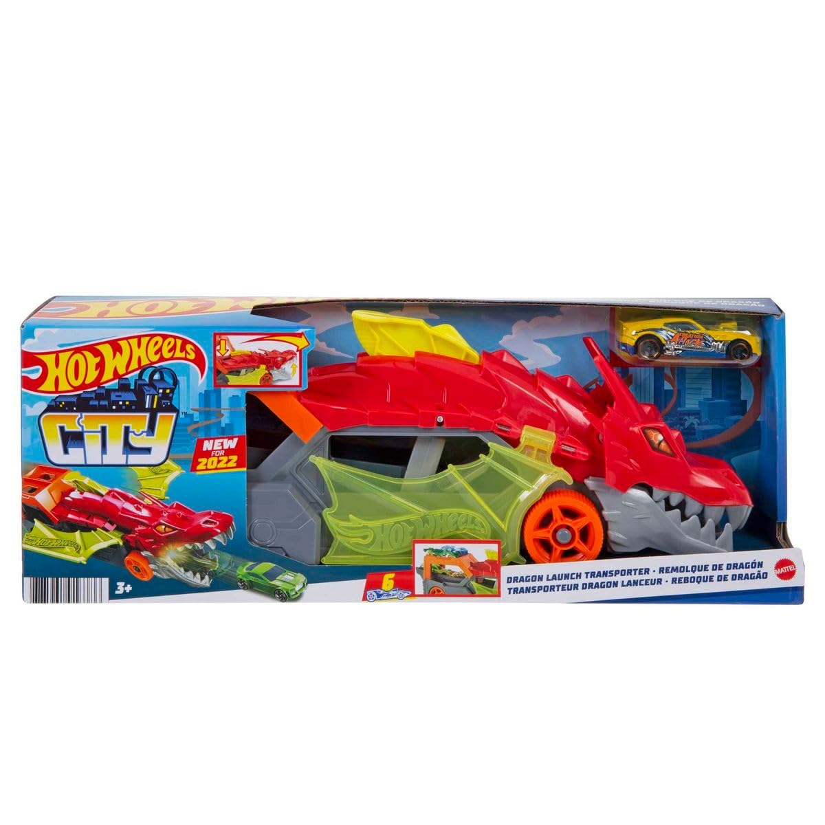 Hot Wheels Dragon Launch Transporter featuring a vibrant dragon design and a transport truck with toy cars.