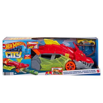 Hot Wheels Dragon Launch Transporter featuring a vibrant dragon design and a transport truck with toy cars.