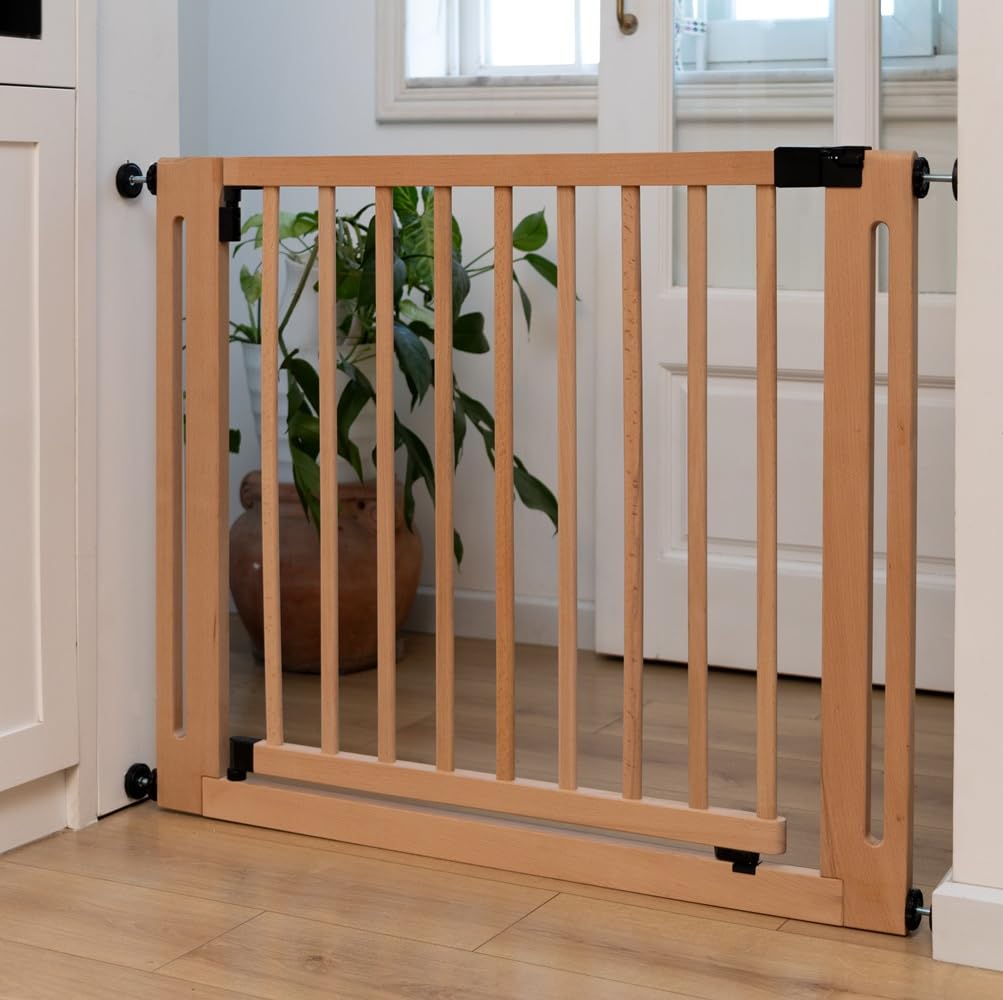 Safetots Wooden Elegance safety gate in natural finish, 79-87cm, pressure fit, extra wide doorway, stylish design for stairs and hallways