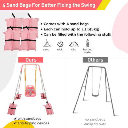 FUNLIO Children's Swing with Folding Metal Stand for Indoor and Outdoor Use, Baby Swing with 4 Sandbags, Easy to Assemble, Pink