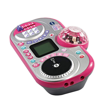 VTech Kidi Super Star DJ microphone toy with adjustable stand, color-changing disco light, songs, sound effects, and game features for kids