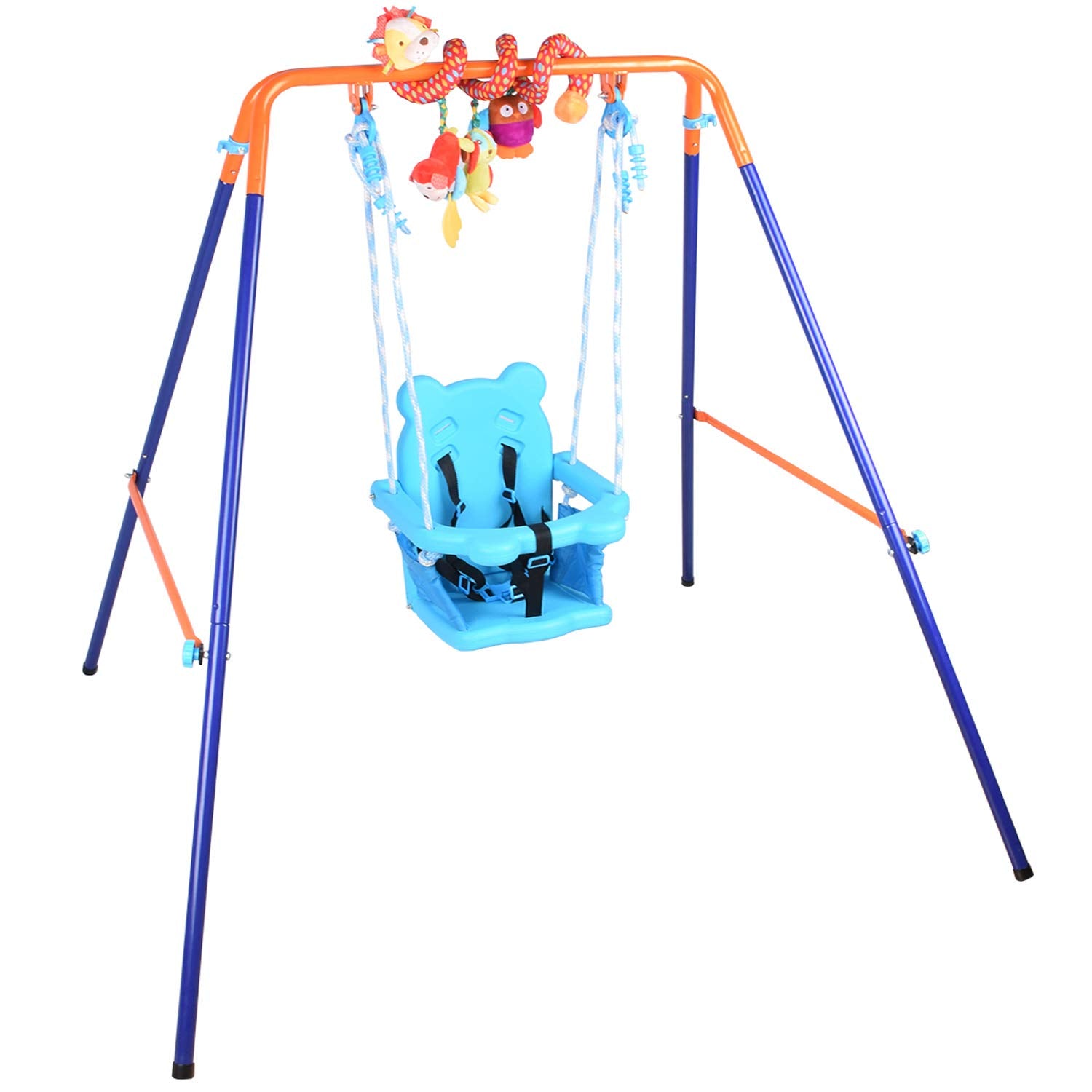 DRM folding baby swing set with support back, toddler seat, and spiral hanging toys, suitable for outdoor and indoor use.