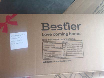Bestier 132.5cm L-shaped home office workstation with carbon fibre surface, power outlets, USB ports, LED lights, shelves, and hooks.