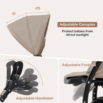Foldable Twin Stroller, Double Baby Pushchair w/Multi-Level Backrest, Canopy, Handle & Footrest, Safety Belt & Brake System, Travel Tandem Seating Stroller w/Lockable Wheels (Khaki)