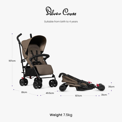 Silver Cross - Pop 2 Pushchair - Foldable Travel Stroller - Buggy - Adjustable/Lie Flat Seat - Newborn to 4 Years - Cobble