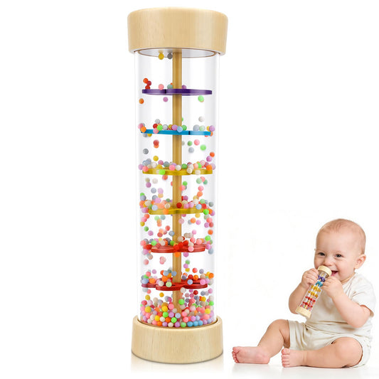 Wooden baby rattle toy by Zendstanding, featuring a rain stick design for sensory development in infants and toddlers.