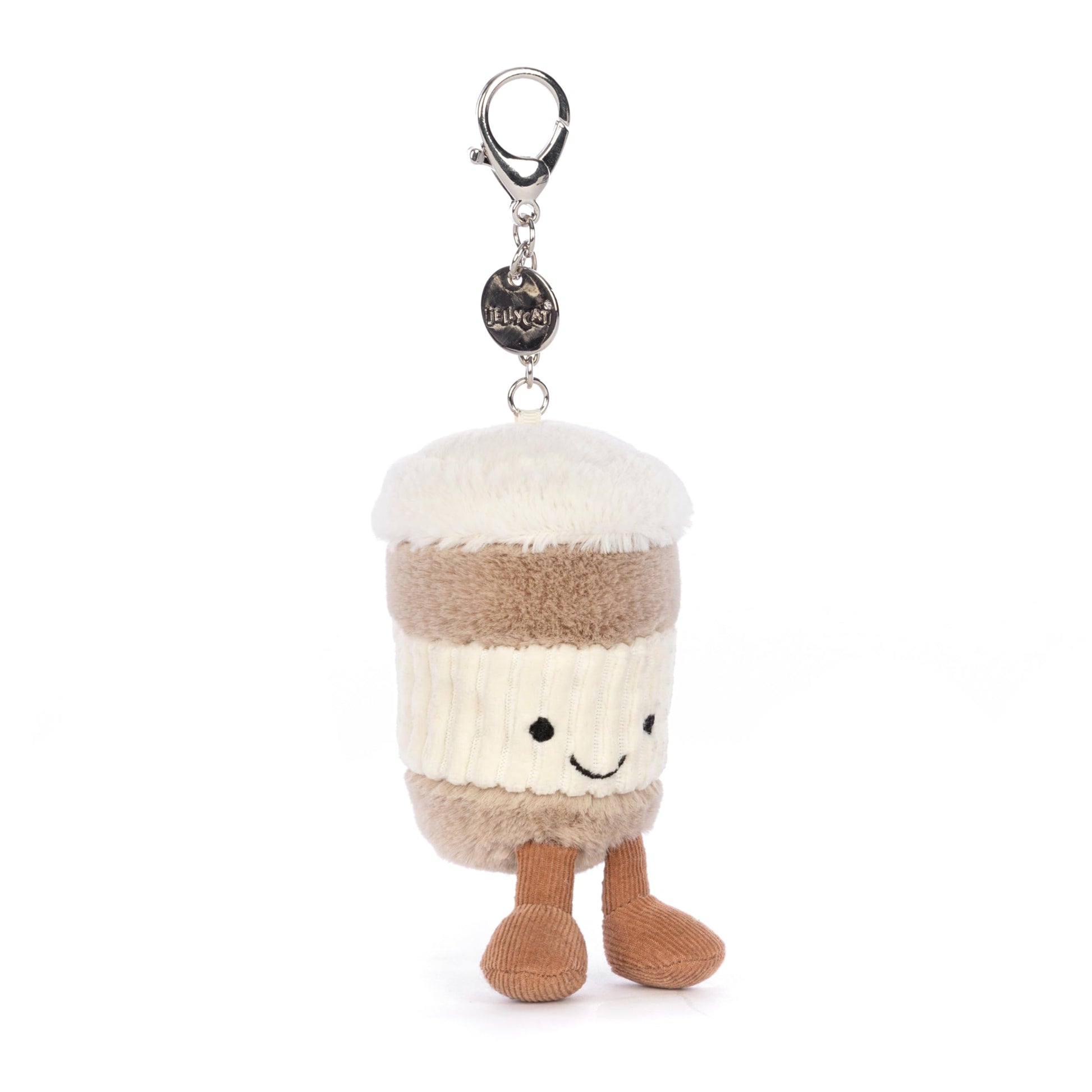Jellycat Amuseables Coffee-To-Go Bag Charm, plush keychain featuring a cute coffee cup design, 4.5 inches tall.