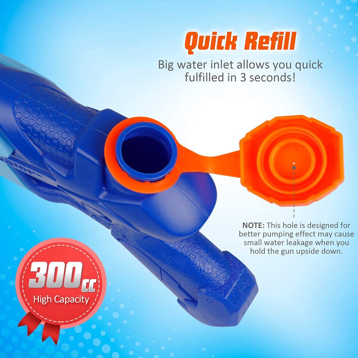 Two D-FantiX water guns for kids, large 300cc capacity, long-range squirt blasters perfect for pool and beach water fights.
