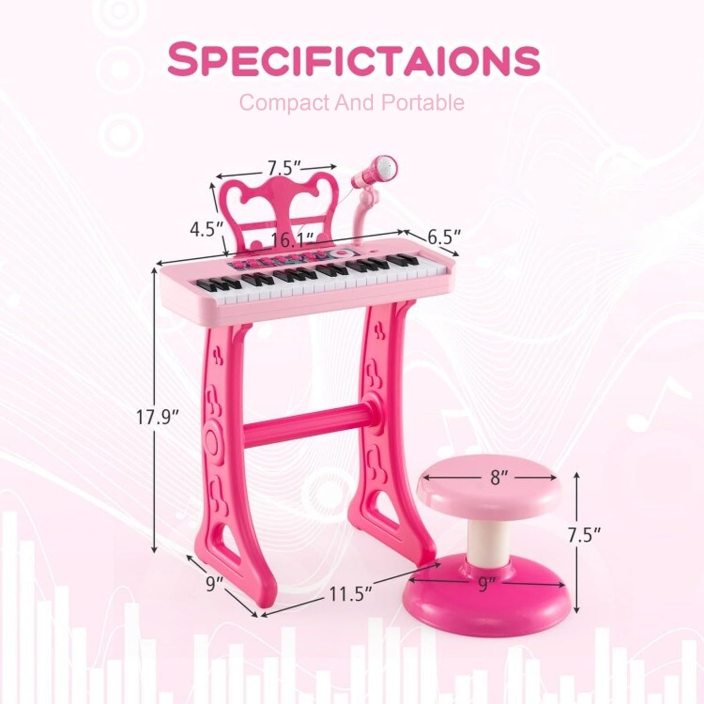 DIOXSTAR kids pink piano with 37 keys, matching stool, adjustable microphone, compact portable design, suitable for imaginative play