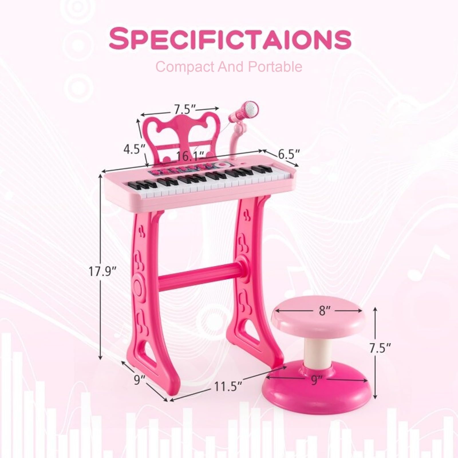 DIOXSTAR kids pink piano with 37 keys, matching stool, adjustable microphone, compact portable design, suitable for imaginative play