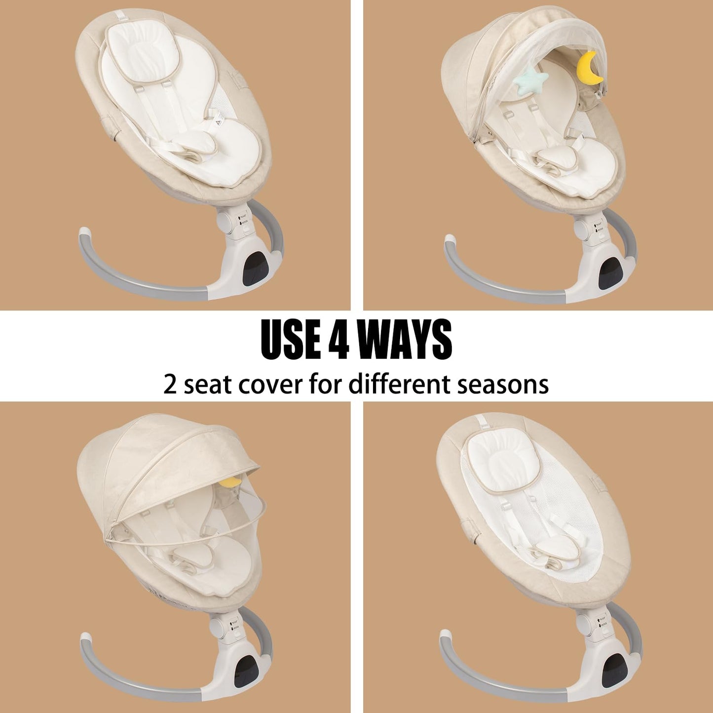 Electric infant swing by JFOVMCYG with remote control, washable seat, 5 swing speeds, 3 seat positions, and 5-point harness in ivory white.
