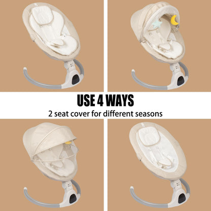 Electric infant swing by JFOVMCYG with remote control, washable seat, 5 swing speeds, 3 seat positions, and 5-point harness in ivory white.