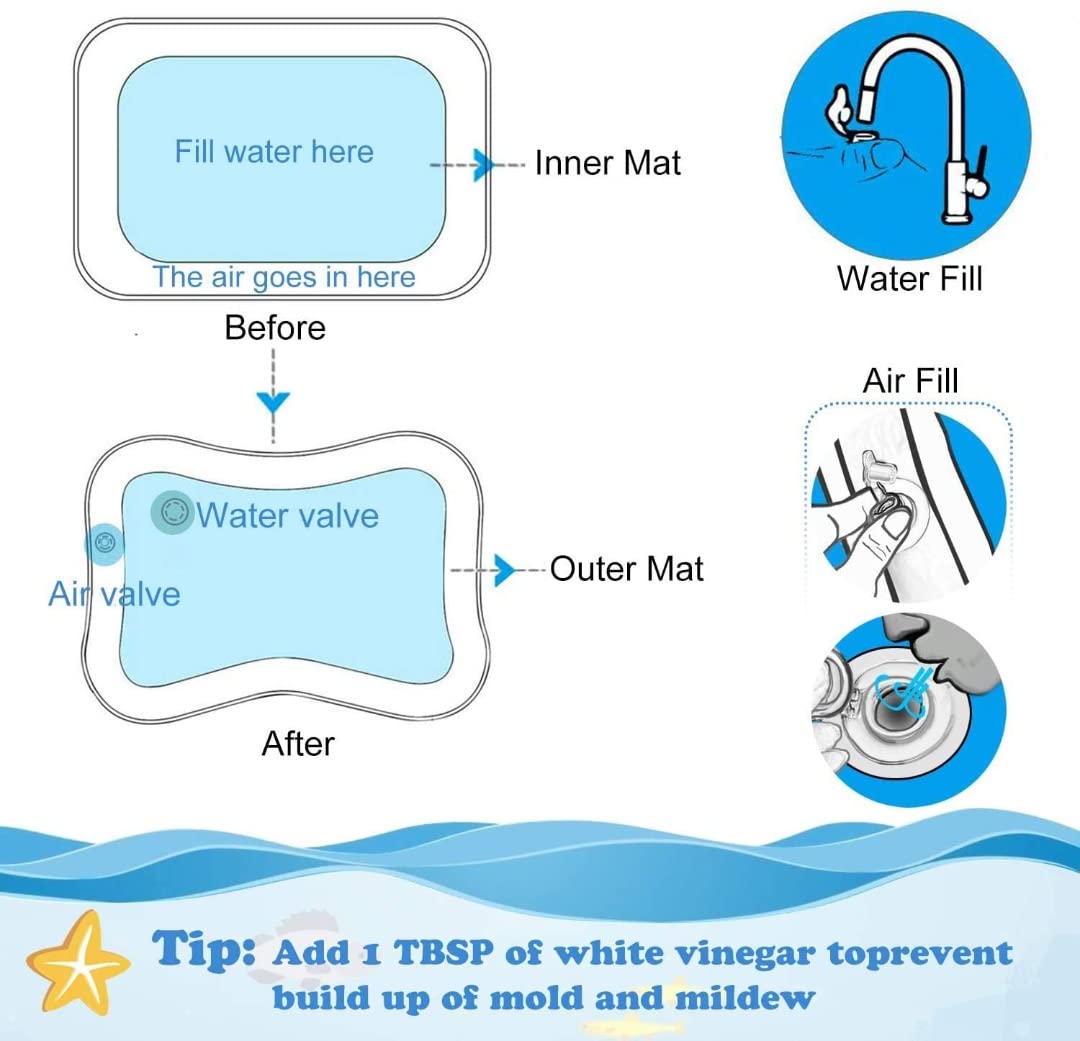 Inflatable BabaBub Tummy Time Water Mat for babies, featuring colorful sensory toys and soft surface for infant development and play.