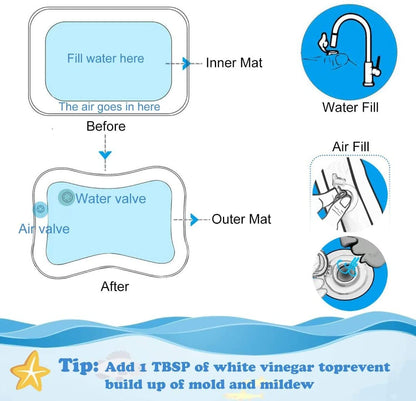 Inflatable BabaBub Tummy Time Water Mat for babies, featuring colorful sensory toys and soft surface for infant development and play.